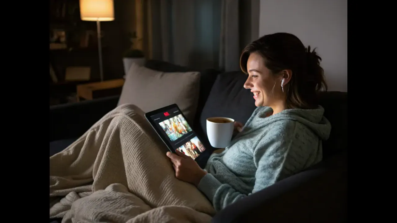 A woman relaxing on a sofa with a mug, watching a show on a tablet