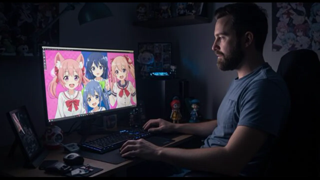 A man at a desk watching anime on a wide computer monitor, with a keyboard, figurines and anime posters around the setup