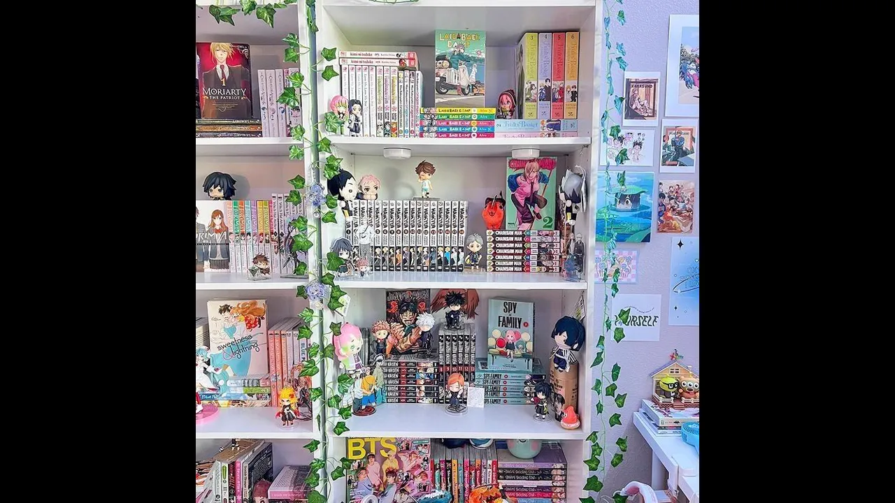 Shelves packed with manga volumes, anime figures and posters
