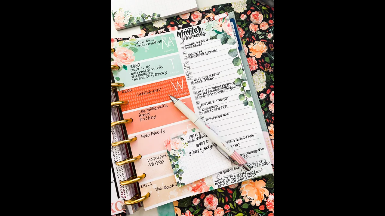 A weekly planner with TV show names handwritten under each day, with a pen resting on it
