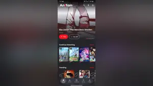 AniFam home screen with trending anime posters and a search bar