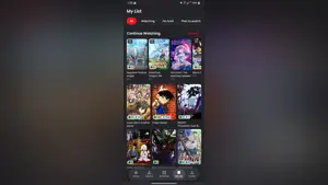 AniFam My List screen: watching, on hold, and plan to watch tabs above a continue watching row
